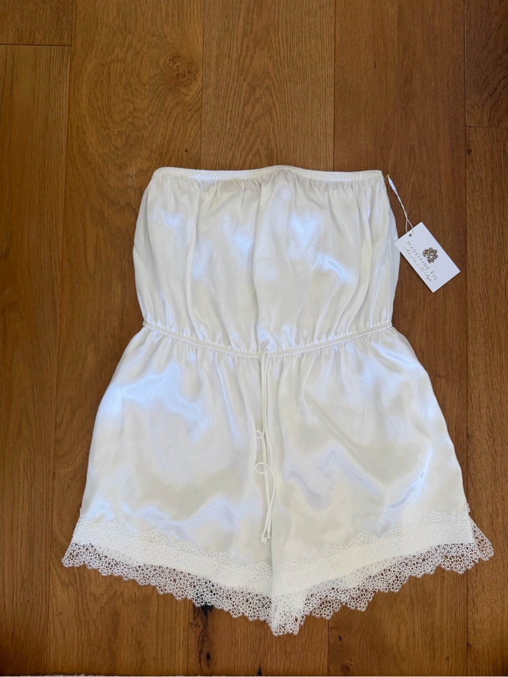 Strapless Satin Romper with Lace Trim - White
